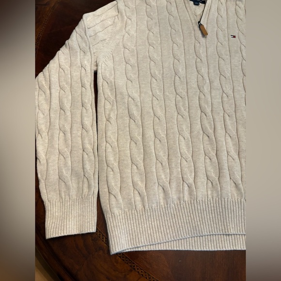 Tommy Hilfiger Cream Tan Cable Knit Pullover Sweater 1/4 Zip Neck Logo Men’s L - Picture 8 of 14